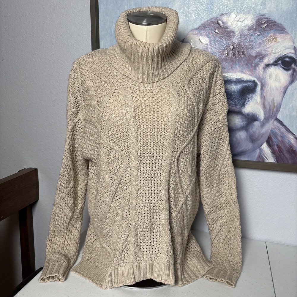 BKE Women's M Tan Cream Open Cable Knit Low Plunge Back Mock Turtleneck Sweater